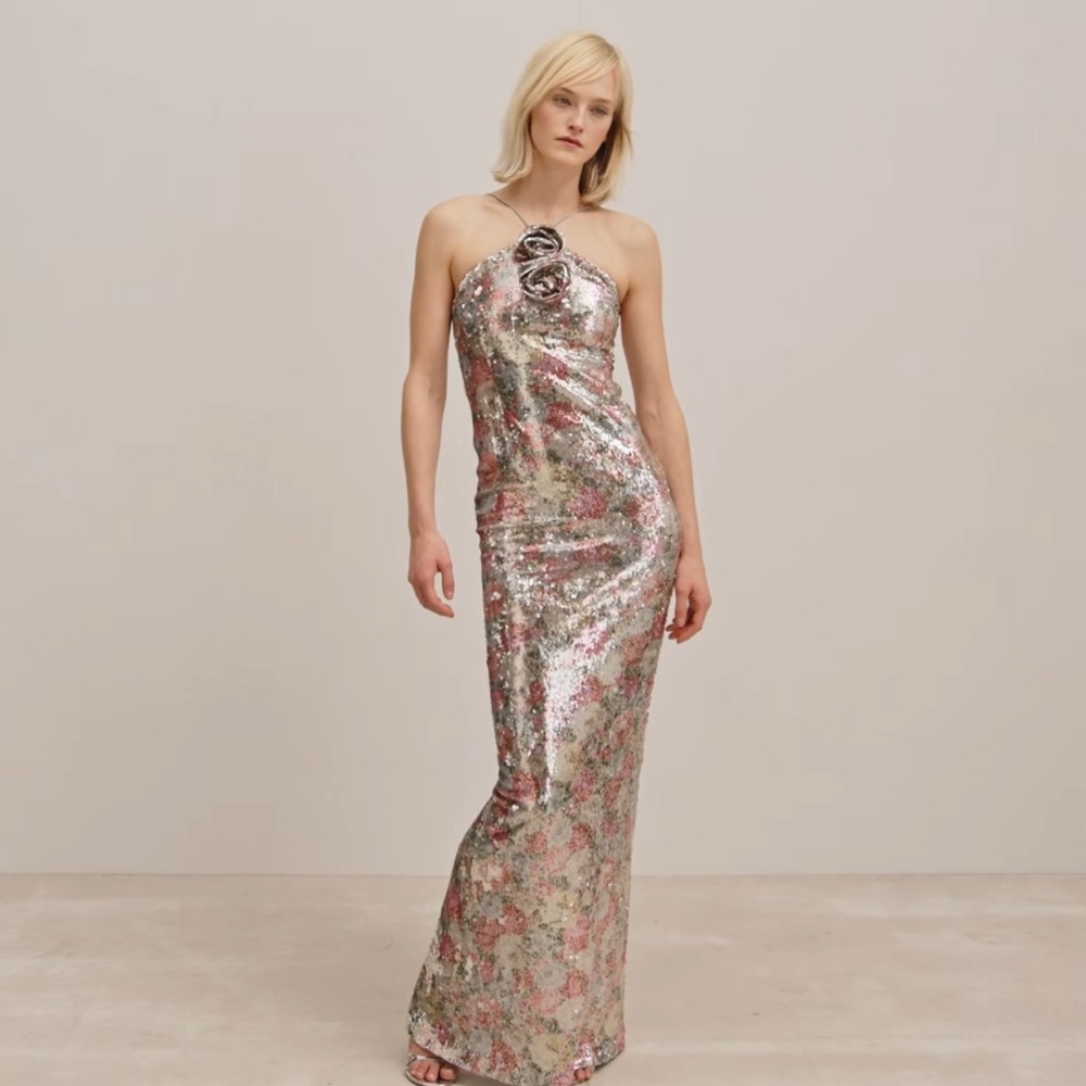 Silver Sequinned halter-neck floral dress